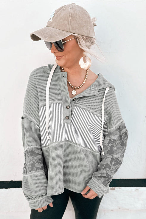 Waffle Knit Stripe Patchwork Henley Drawstring Hood Drop Shoulder Long Sleeve Top